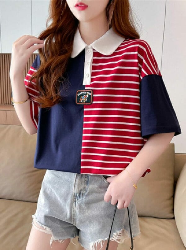 Retro Fashion Color Block Stripes Loosen Cotton T-shirt 1