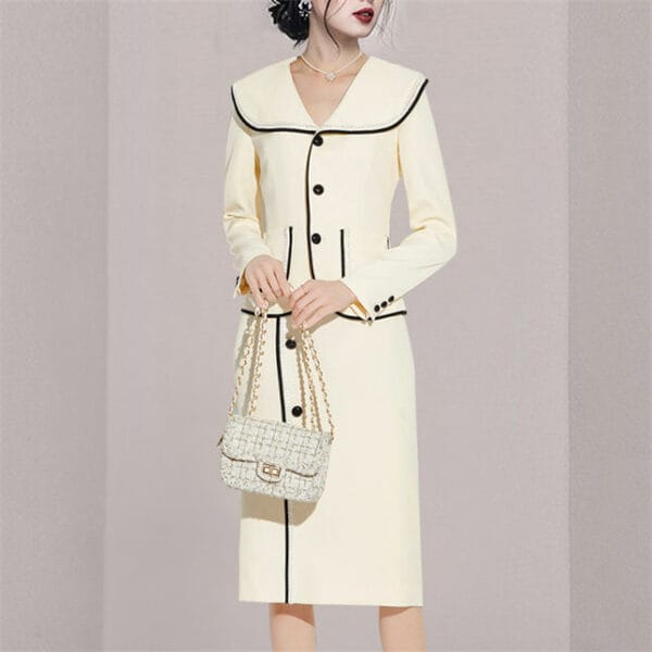 Retro Fashion Doll Collar Single-breasted Slim Dress Set 2