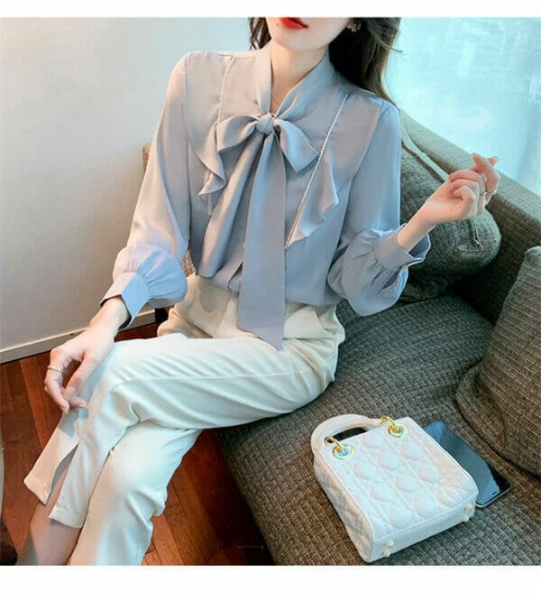 Retro Fashion Flouncing Tie Collar Loosen Chiffon Blouse 5