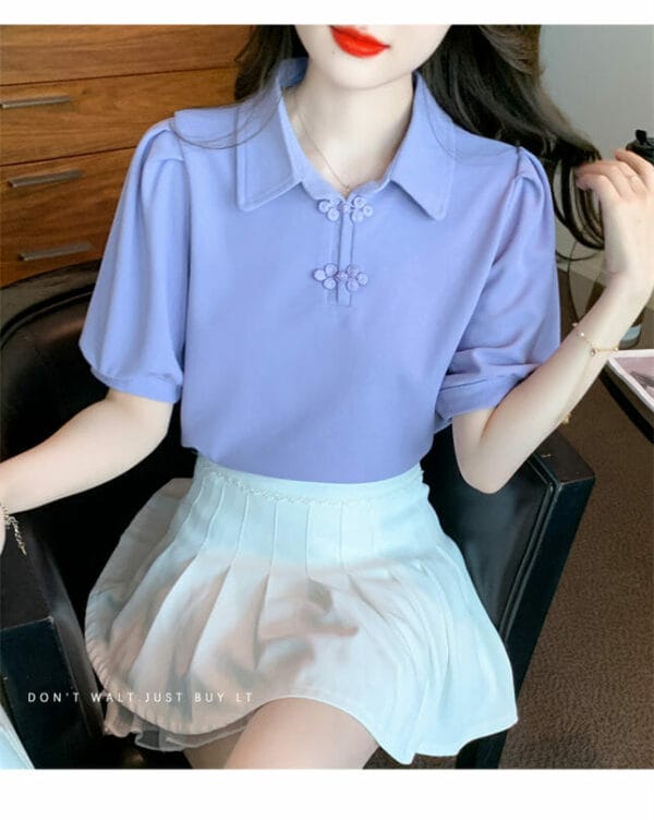 Retro Fashion Frog Buttons Doll Collar Puff Sleeve T-shirt 4