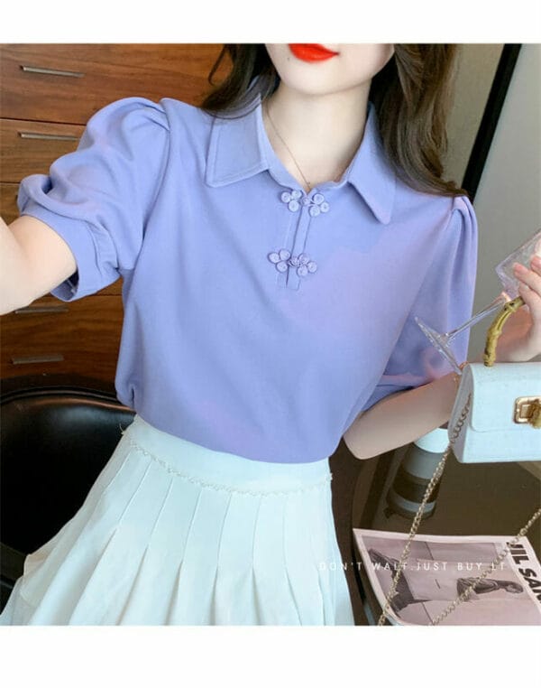 Retro Fashion Frog Buttons Doll Collar Puff Sleeve T-shirt 3