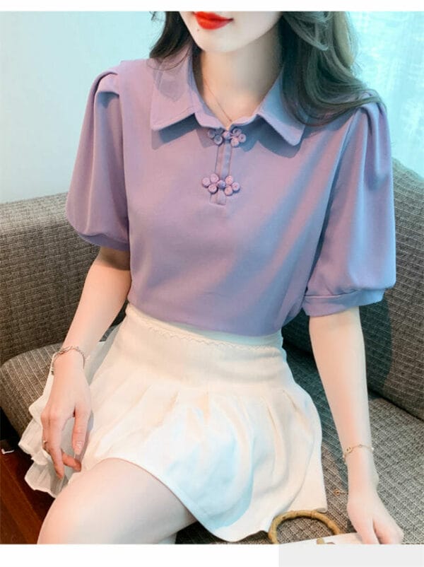 Retro Fashion Frog Buttons Doll Collar Puff Sleeve T-shirt 2