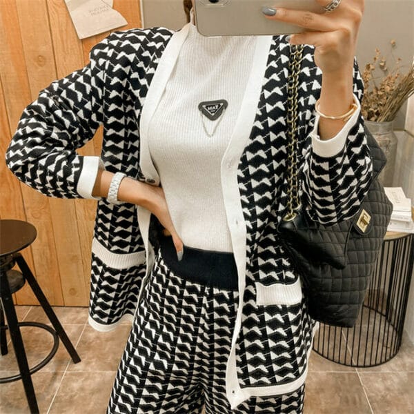Retro Fashion Houndstooth Knitting Coat with Long Pants 4