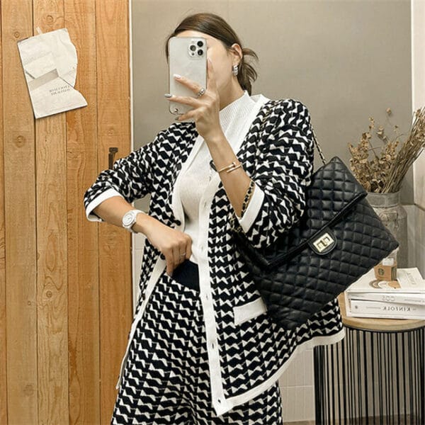 Retro Fashion Houndstooth Knitting Coat with Long Pants 3