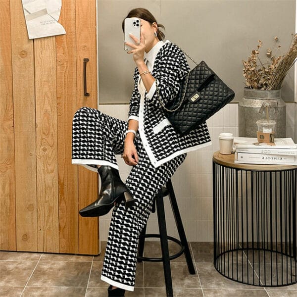 Retro Fashion Houndstooth Knitting Coat with Long Pants 1