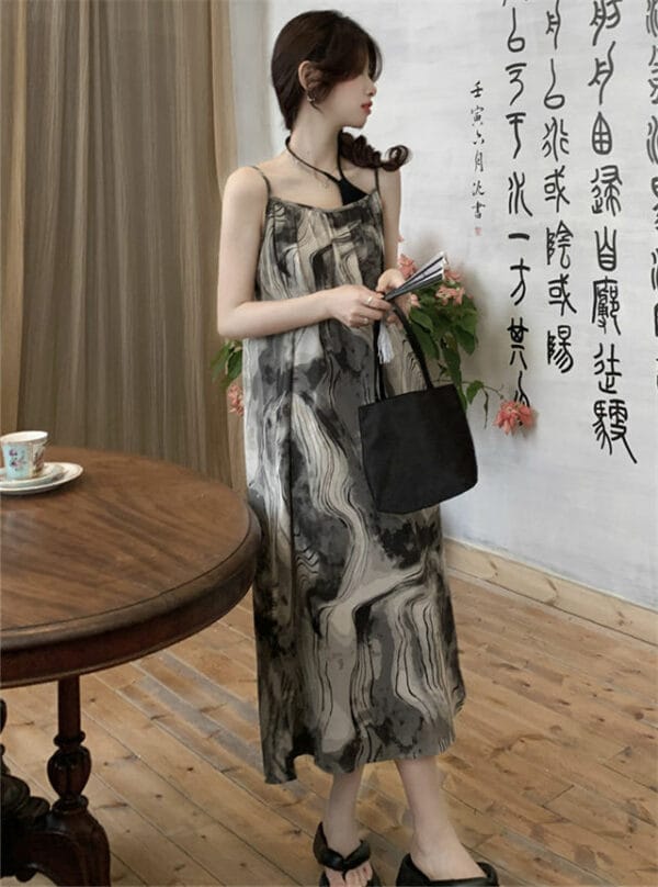 Retro Fashion Knitting Tops with Ink Flowers Straps Dress 5