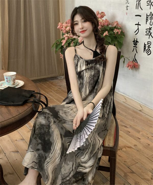 Retro Fashion Knitting Tops with Ink Flowers Straps Dress 4