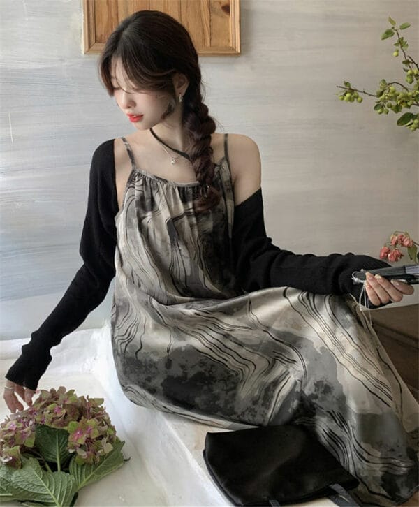 Retro Fashion Knitting Tops with Ink Flowers Straps Dress 3