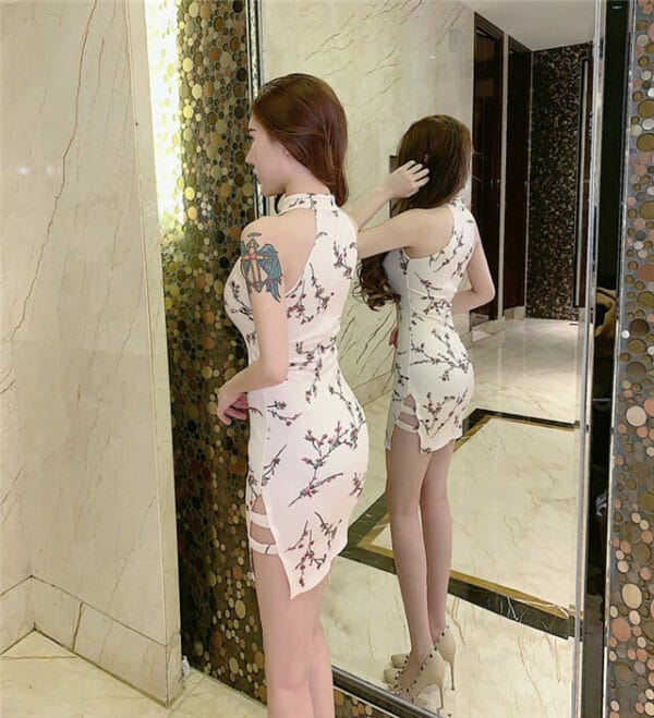 Retro Fashion Off Shoulder Flowers Skinny Cheongsam Dress 5