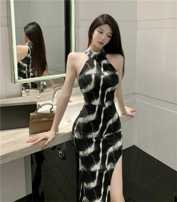 Retro Fashion Off Shoulder Ink Printings Split Slim Dress 4