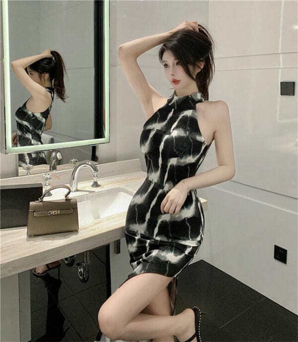 Retro Fashion Off Shoulder Ink Printings Split Slim Dress 2