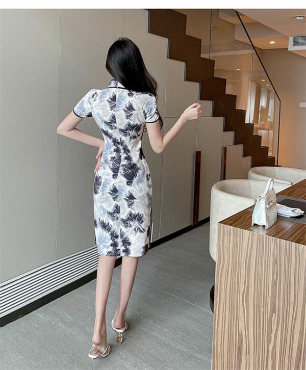 Retro Fashion Stand Collar Flowers Slim Cheongsam Dress 5