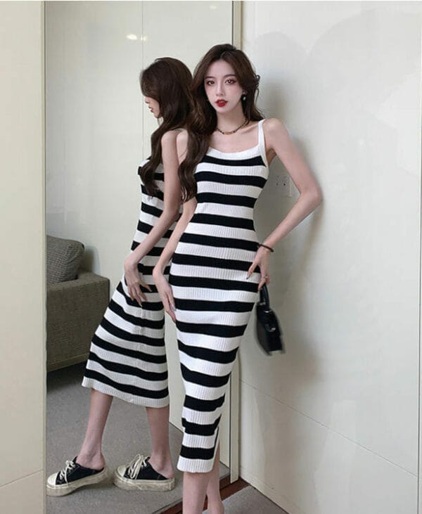 Retro Fashion Stripes Short Coat with Knitting Straps Dress 3