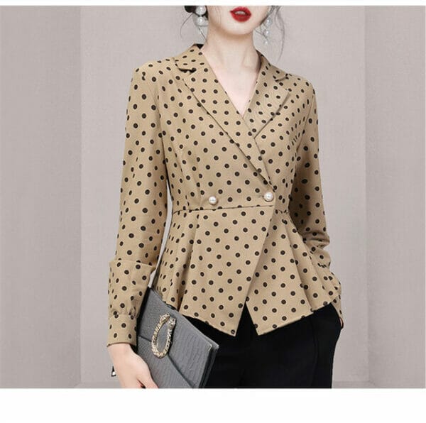 Retro Fashion Tailored Collar Pleated Dots Slim Blouse 2