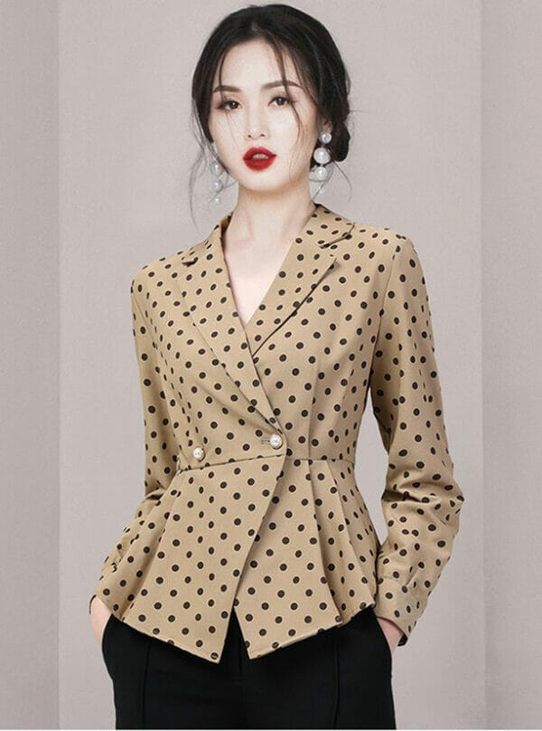 Retro Fashion Tailored Collar Pleated Dots Slim Blouse 1