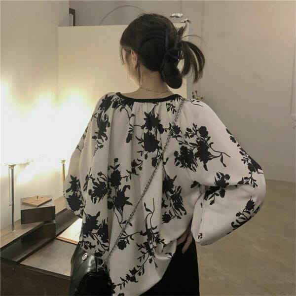 Retro Fashion Tie Collar Flowers Loosen Puff Sleeve Blouse 5