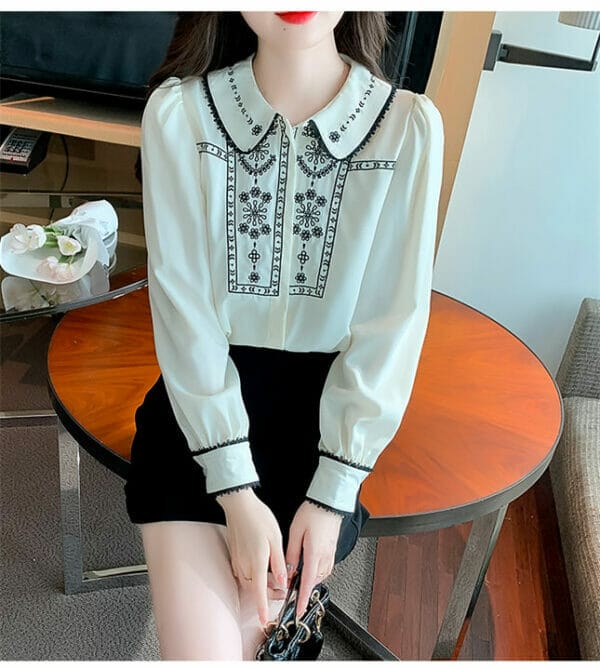 Retro Fresh Doll Collar Embroidery Puff Sleeve Chiffon Blouse 4