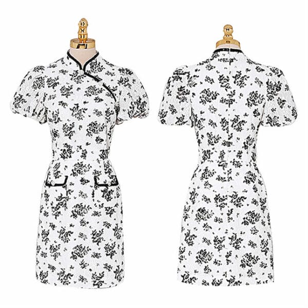 Retro Frog Buttons Flowers Cheongsam Dress Set 5