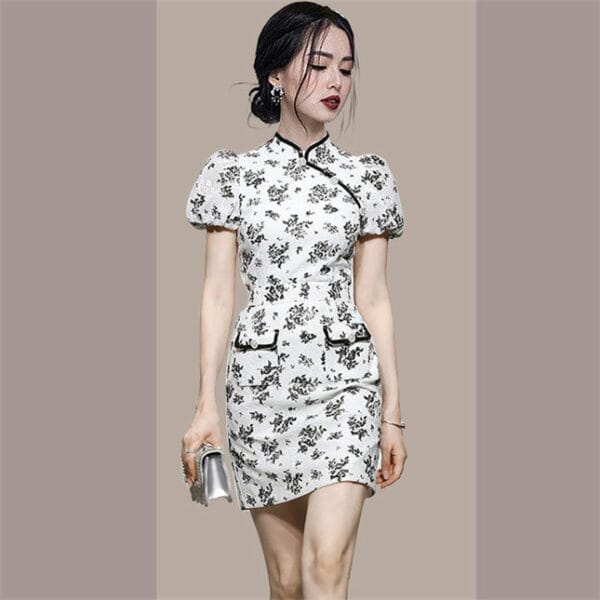 Retro Frog Buttons Flowers Cheongsam Dress Set 3