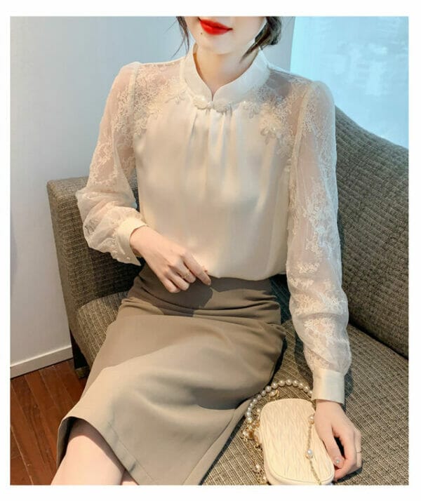 Retro Grace Beads Cheongsam Buttons Lace Sleeve Blouse 3