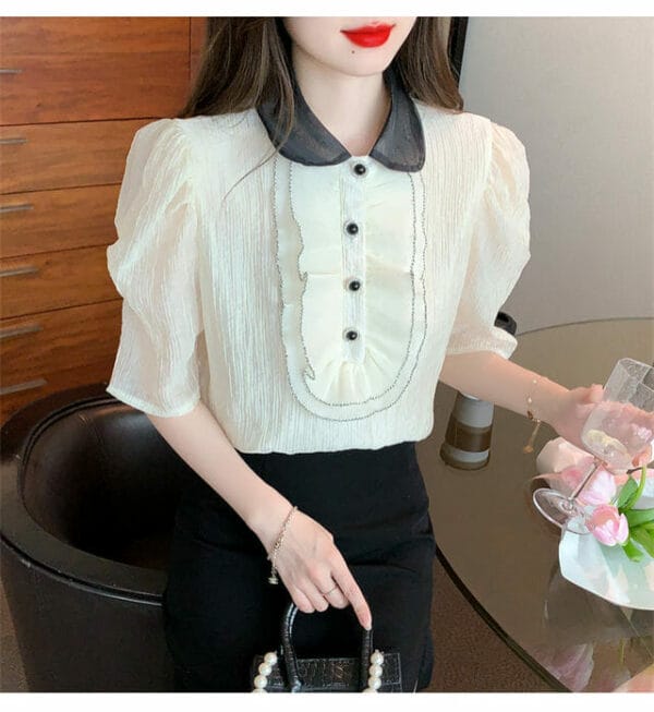 Retro Grace Beads Flouncing Doll Collar Puff Sleeve Blouse 5