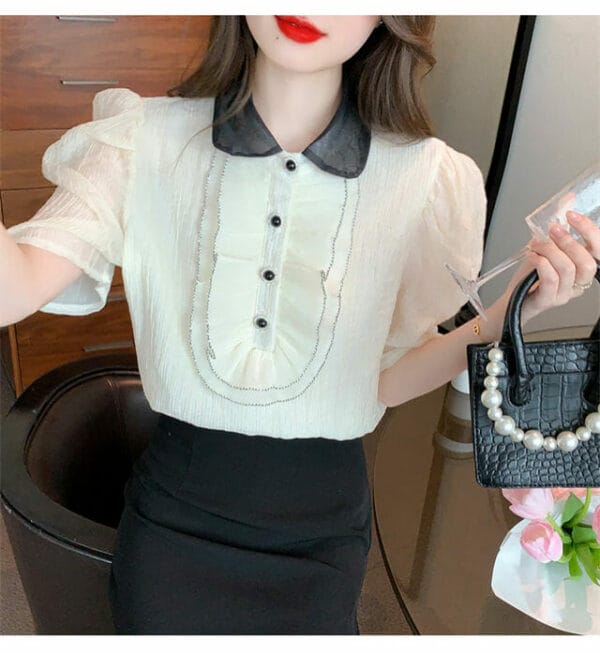 Retro Grace Beads Flouncing Doll Collar Puff Sleeve Blouse 4