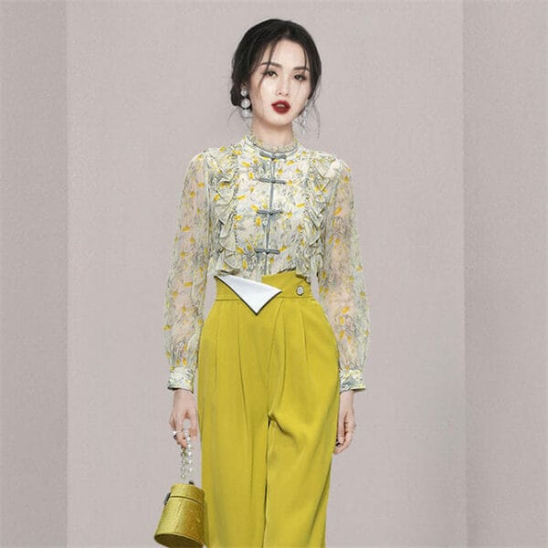 Retro Grace Flouncing Flowers Blouse with High Waist Long Pants 3