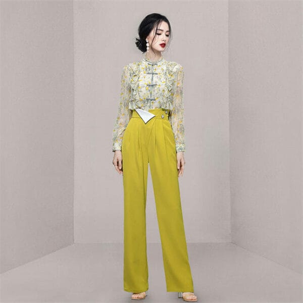 Retro Grace Flouncing Flowers Blouse with High Waist Long Pants 2