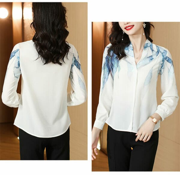 Retro Grace Ink Printings V-neck Long Sleeve Casual Blouse 5