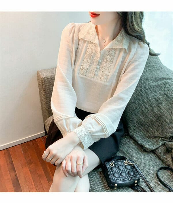 Retro Grace Lace Flowers Collar Puff Sleeve Loosen Blouse 5