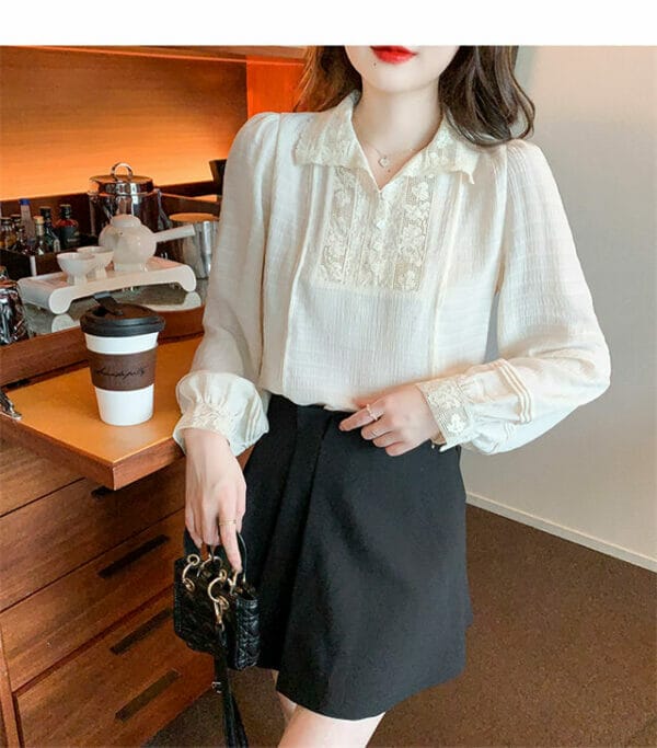 Retro Grace Lace Flowers Collar Puff Sleeve Loosen Blouse 2