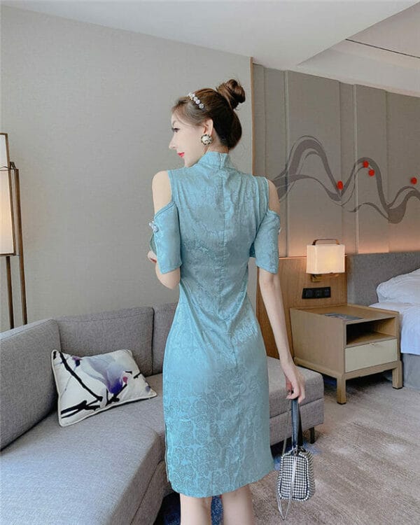 Retro Grace Off Shoulder Flowers Slim Cheongsam Dress 5