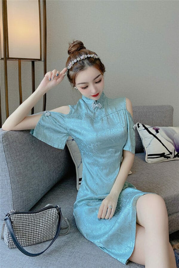 Retro Grace Off Shoulder Flowers Slim Cheongsam Dress 4