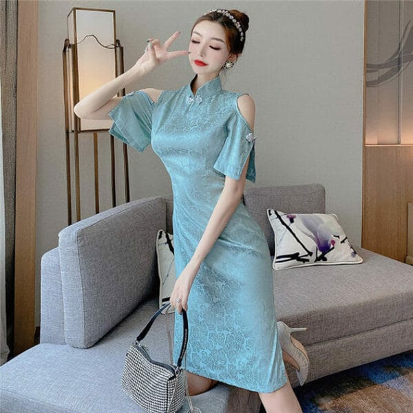 Retro Grace Off Shoulder Flowers Slim Cheongsam Dress 3