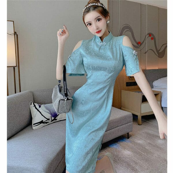 Retro Grace Off Shoulder Flowers Slim Cheongsam Dress 2