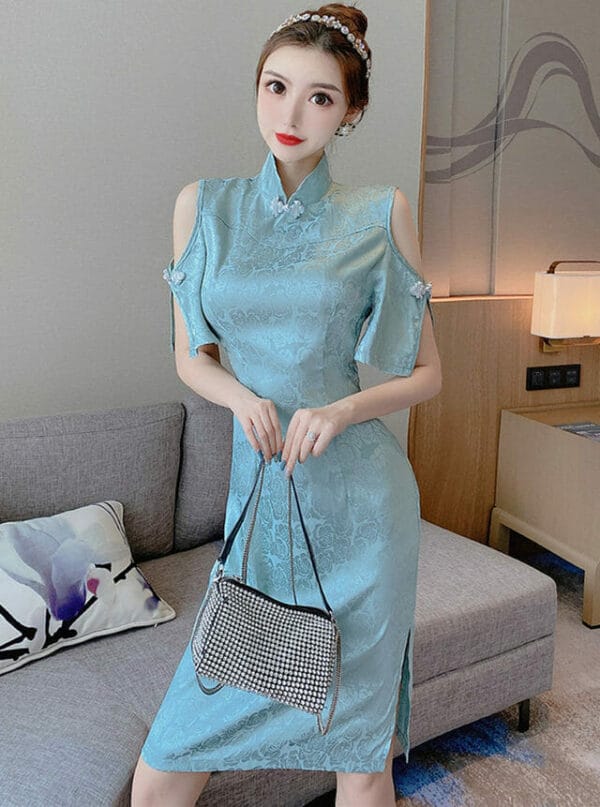 Retro Grace Off Shoulder Flowers Slim Cheongsam Dress 1