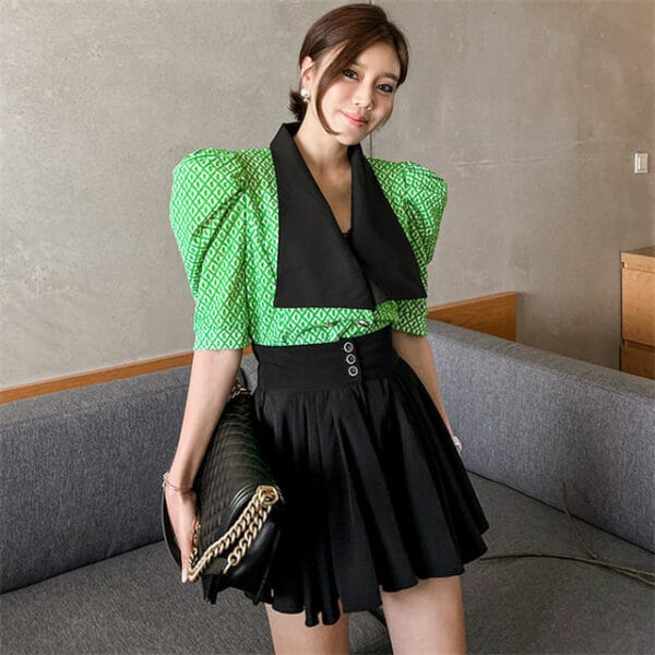 Retro Grace Plaids Puff Sleeve Wraps Tops with Pleated Skirt 2