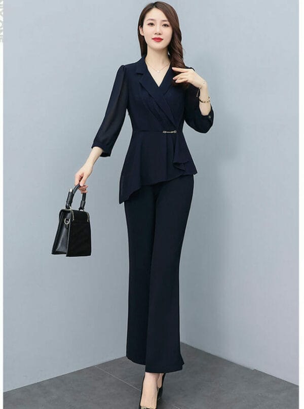 Retro Grace Tailored Collar Flouncing Wide-leg Long Suits 2