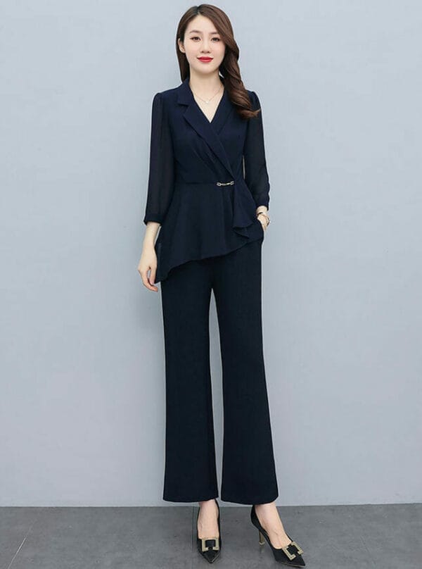 Retro Grace Tailored Collar Flouncing Wide-leg Long Suits 1