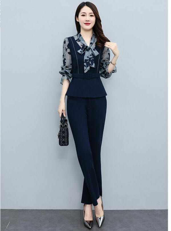 Retro Grace Tie Bowknot Collar Flowers Blouse with Long Pants 2