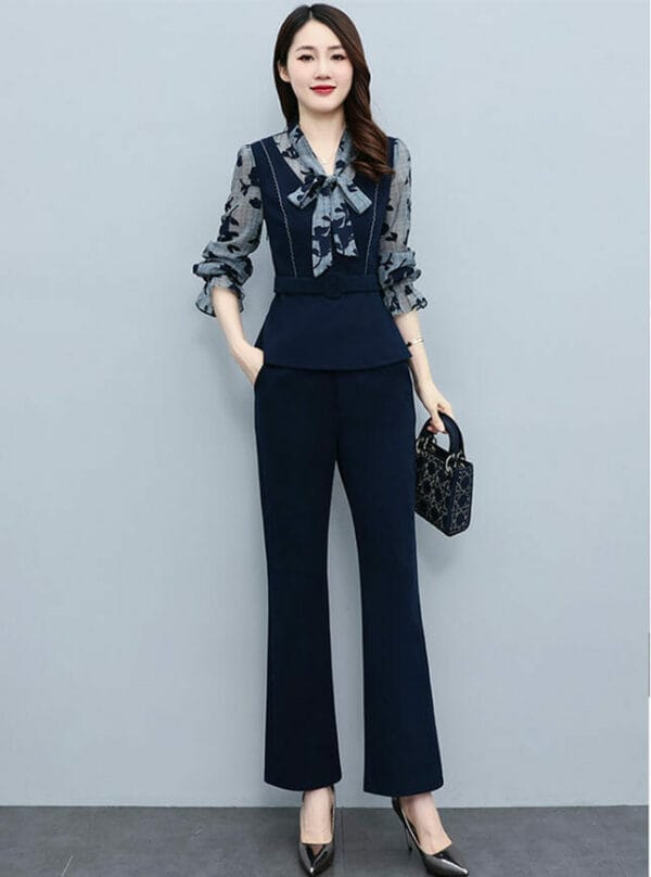 Retro Grace Tie Bowknot Collar Flowers Blouse with Long Pants 1