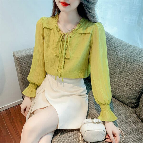 Retro Grace Tie V-neck Pleated Flare Sleeve Loosen Blouse 4