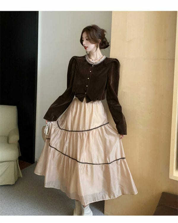 Retro Grace Velvet Puff Sleeve Tops with Elastic Gauze Fluffy Skirt 2