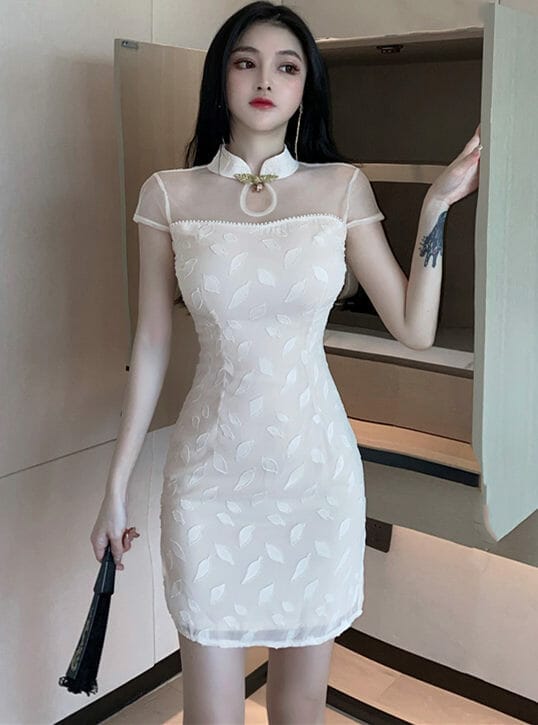 Retro Korea Beads Gauze Shoulder Slim Cheongsam Dress 1