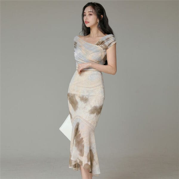 Retro Korea Boat Neck High Waist Fishtail Dress Set 4