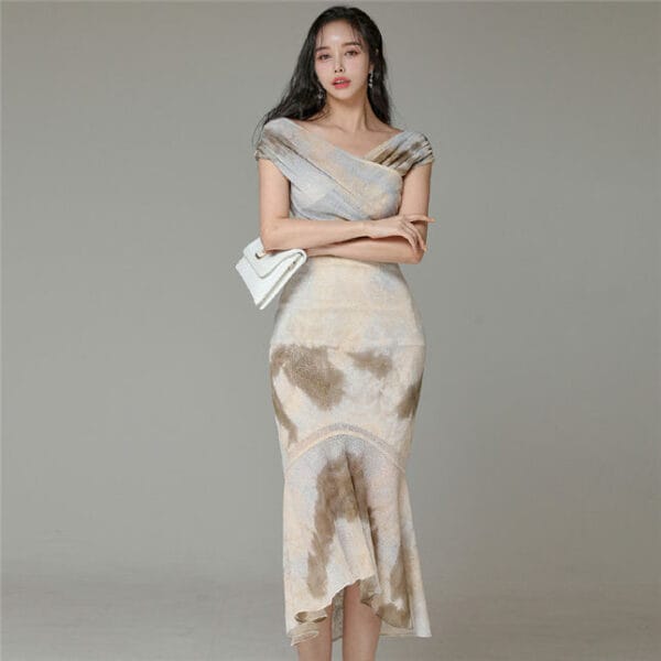 Retro Korea Boat Neck High Waist Fishtail Dress Set 2