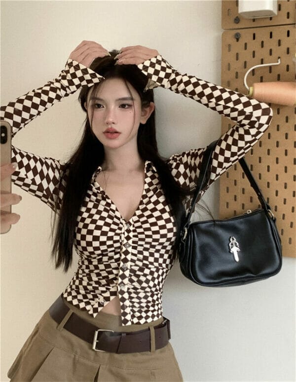 Retro Korea Buttons V-neck Plaids Skinny Short T-shirts 4