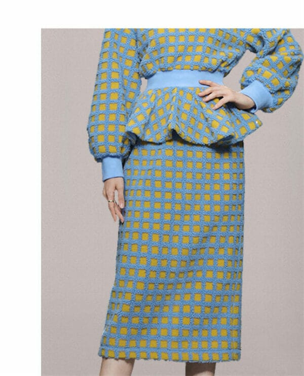 Retro Korea Color Block Plaids Flouncing Puff Sleeve Dress Set ...