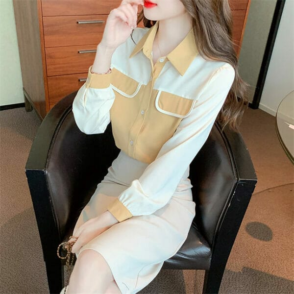 Retro Korea Color Block Shirt Collar Long Sleeve Blouse 4