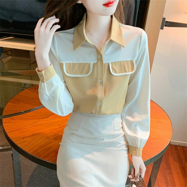 Retro Korea Color Block Shirt Collar Long Sleeve Blouse 3